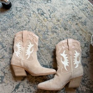 Beige and White Suede Western Boots
